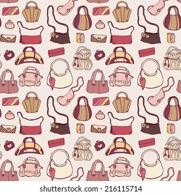 Background of women handbags. Hand drawn vector pattern.