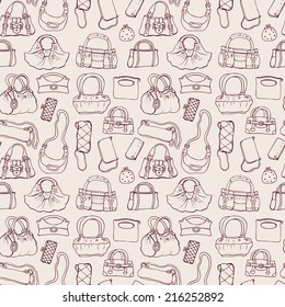 Background of women handbags. Hand drawn vector pattern.