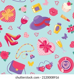 Background with women's accessories bag, shoes, hat, cosmetics, perfume, coffee, wine, cake, gifts, flowers, hearts. Womens day or mothers day  pattern. Texture, for paper, packaging, textil, fabric