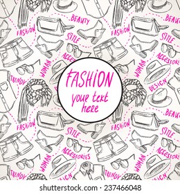 background with women's clothing and accessories. hand-drawn illustration