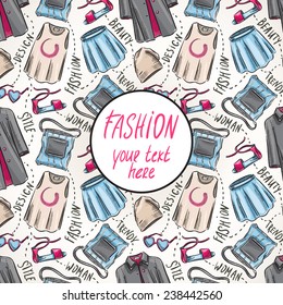 background with women's clothing and accessories and place for text