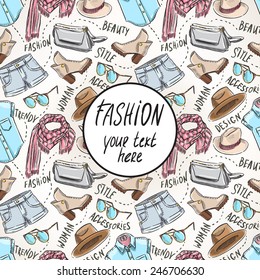 background with women's clothing and accessories and place for text. hand-drawn illustration