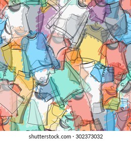 Background with women's clothing seamless pattern. Stylish clothes decorated with bright watercolors. Vector illustration