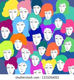 Background of women's faces, bright colors of hairstyles, hairdresser's design
