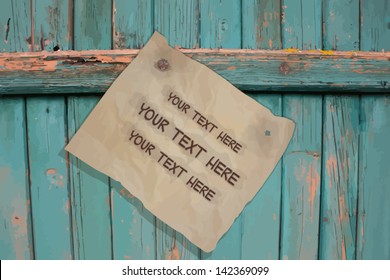 Background with wooden blue wall with a sheet of paper