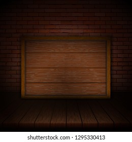 Background of wooden boards with brick wall and wooden frame.