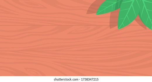 Background with wooden desk surface and home plant. Vector illustration banner for background.
