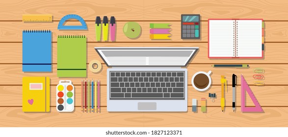 Background of wooden school desk with a stationery supplies, laptop, notepads and cup of coffee. Personal workplace for pupil or student top view. Vector flat illustration