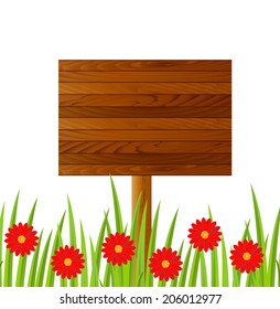 background  with a wooden table and red flowers,  vector  illustration