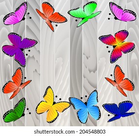 background with wooden texture and butterflies,vector illustration