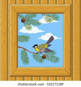 Background with Wooden Wall and Window with View of Blue Sky, Clouds, Pine Branches and Bird Titmouse. Vector