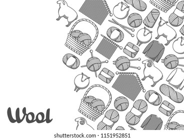 Background with wool items. Goods for hand made, knitting or tailor shop.