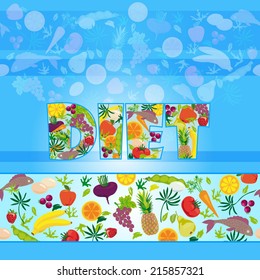 Background with word "DIET" and  icons of diet food: fruits, vegetables, fish, greens.