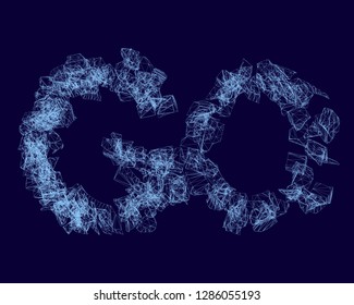 Background with the word GO. Wireframe word GO. 3D. Dark blue background. Vector illustration.