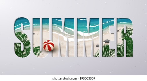  Background with word "Summer". Letters are made of seascape. Sand and sea surf as background for summer design.