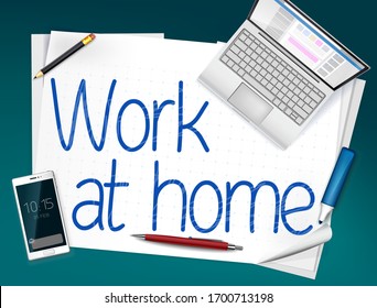 Background work at home. Desk top view with whatman, pen, pencil, laptop, smartphone