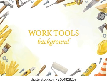 Background with work tools for construction and repair, including hammer, wrench, screwdriver, saw, drill, and pliers