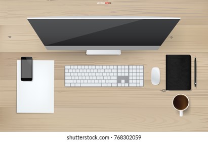 Background of working space with display computer and office object set. - Computer, keyboard, mouse, smartphone, white paper, coffee cup, notebook and pencil on wood background. Vector illustration.