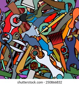 Background from working tools, hammers, brushes, axes, wrenches, wire cutters, pliers. Doodle hand drawing decor