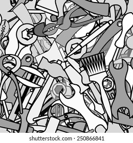 Background from working tools, hammers, brushes, axes, wrenches, wire cutters, pliers. Doodle hand drawing decor