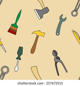 Background from working tools, hammers, brushes, axes, wrenches, wire cutters, pliers. Doodle hand drawing decor 