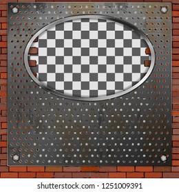 Background for works metal frame in a brick wall with a shadow. Place to place images or text.