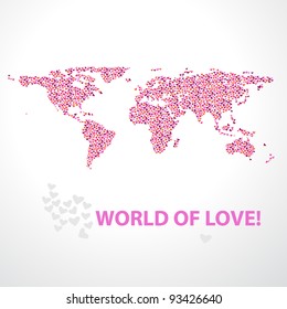 Background - the world of love. Map of the world of multi-colored hearts. Vector illustration for your design.