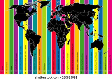 Background with world map and colorful time zones