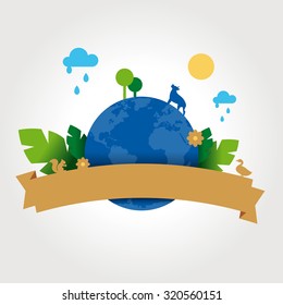 background world map frame ribbon with leaves, animals, clouds, sun and trees