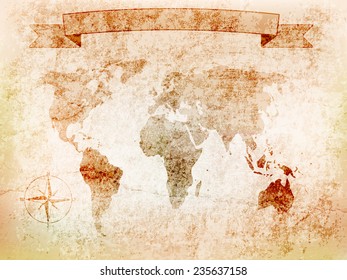 background world map on old wall with cracks and the windrose,banner.vector illustration 