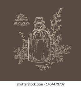 Background with wormwood and bottle of wormwood essential oil. Cosmetic, perfumery and medical plant. Vector hand drawn illustration.