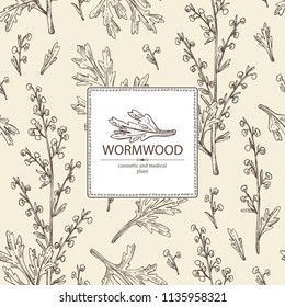 Background with wormwood: wormwood branch, wormwood flowers and leaves . Cosmetics and medical plant. Vector hand drawn illustration.
