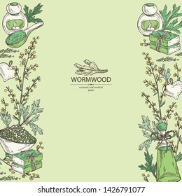 Background with wormwood: wormwood branch, wormwood flowers, soap and bath salt . Cosmetic and medical plant. Vector hand drawn illustration