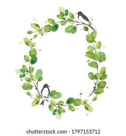 Background -- wreath of twigs. Vector watercolor illustration, frame of green leaves and swallows	