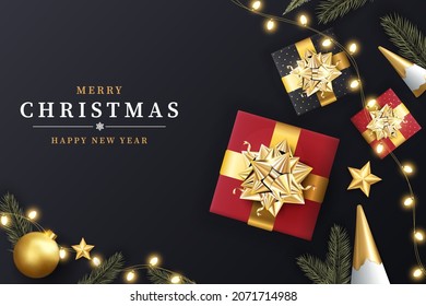 Background Xmas design of sparkling lights garland, with realistic gifts box, black snowflake and glitter gold confetti