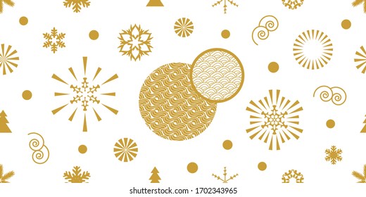 Background with Xmas elements. Seamless vector pattern with circles, snowflakes. Template for gift wrappings, cards, flyers. Golden on white.