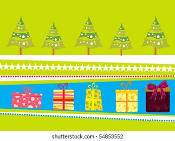 background with xmas tree, colorful gift box