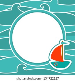 Background with a yacht, sea and frame - vector