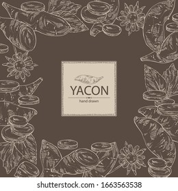 Background with yacon: full yacon and piece of yacon. Vector hand drawn illustration