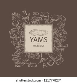 Background with yams: tuber of yams, leaves and slice. Vector hand drawn illustration.
