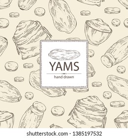Background with yams: tuber of yams,  slice , bag and plate with flour . Vector hand drawn illustration.