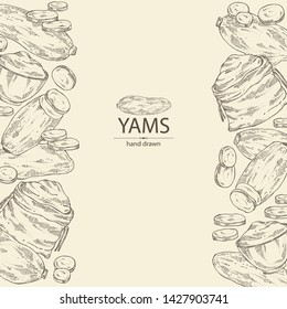 Background with yams: tuber of yams, slice , bag and plate with flour . Vector hand drawn illustration.