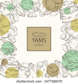 Background with yams: tuber of yams, slice , bag and plate with flour . Vector hand drawn illustration.
