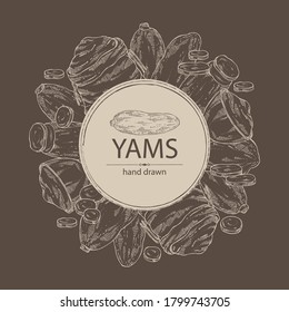 Background with yams: tuber of yams, slice , bag and plate with flour . Vector hand drawn illustration.