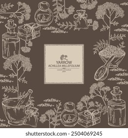 Background with  yarrow: yarrow leaves and yarrow flowers. Achillea millefolium. Oil, soap and bath salt . Cosmetics and medical plant. Vector hand drawn illustration