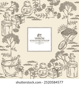 Background with  yarrow: yarrow leaves and yarrow flowers. Achillea millefolium. Oil, soap and bath salt . Cosmetics and medical plant. Vector hand drawn illustration