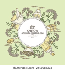 Background with  yarrow: yarrow leaves and yarrow flowers. Achillea millefolium. Oil, soap and bath salt . Cosmetics and medical plant. Vector hand drawn illustration
