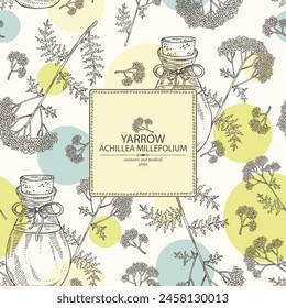 Background with yarrow: leaves and yarrow flowers and bottle of yarrow essential oil. Achillea millefolium. Cosmetic, perfumery and medical plant. Vector hand drawn illustration