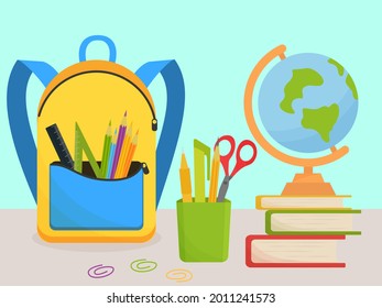 Background with a yellow backpack and educational supplies. Globe, books, scissors, rulers, colored pencils