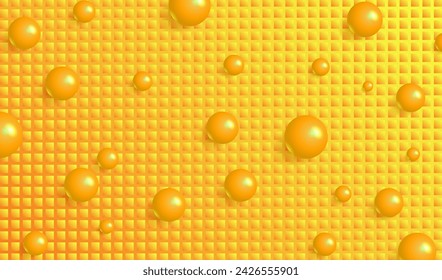 Hintergrund mit gelben Bällen. 3D-Formulare auf hellem orangefarbenem Hintergrund